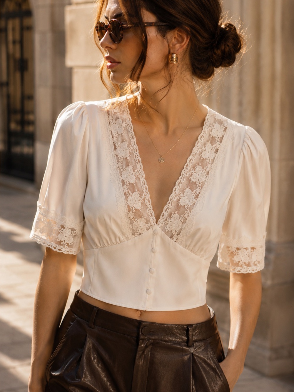 Cream Lace Puff Sleeve Button Front Blouse | Romantic Cottagecore Top | Small